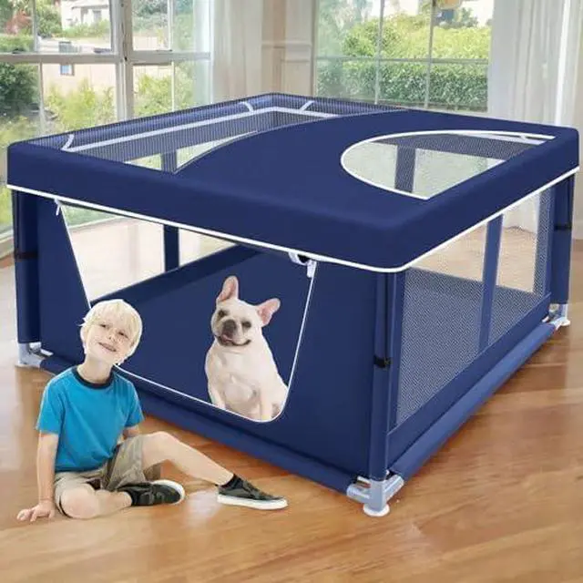 Main image of 42x42x26 Inches Puppy Playpen with Top Cover, Dog Playpen for Small or Puppy, DogFence Pet Playpen for Indoor & Outdoor, Sturdy Safety Dog Pen with Durable Mesh Windows, Blue