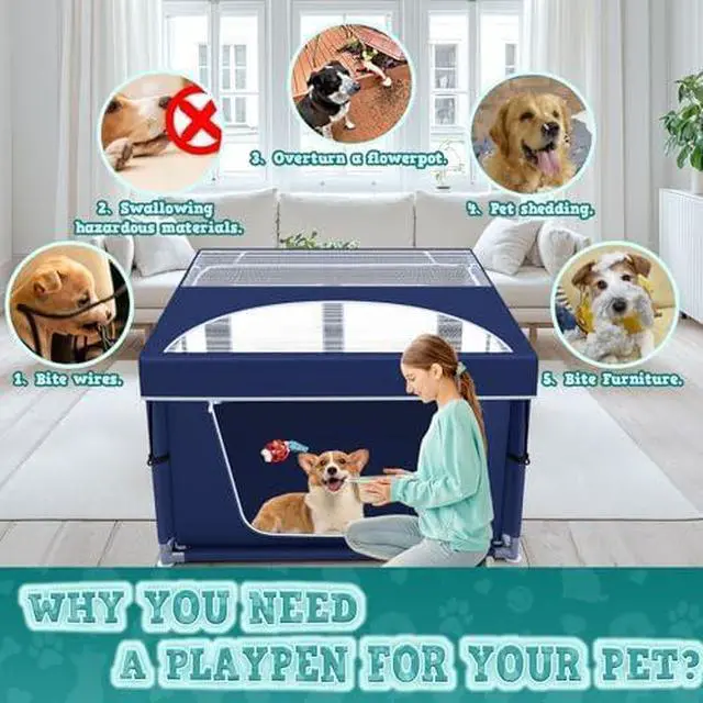 Alt view image 2 of 6 - 42x42x26 Inches Puppy Playpen with Top Cover, Dog Playpen for Small or Puppy, DogFence Pet Playpen for Indoor & Outdoor, Sturdy Safety Dog Pen with Durable Mesh Windows, Blue