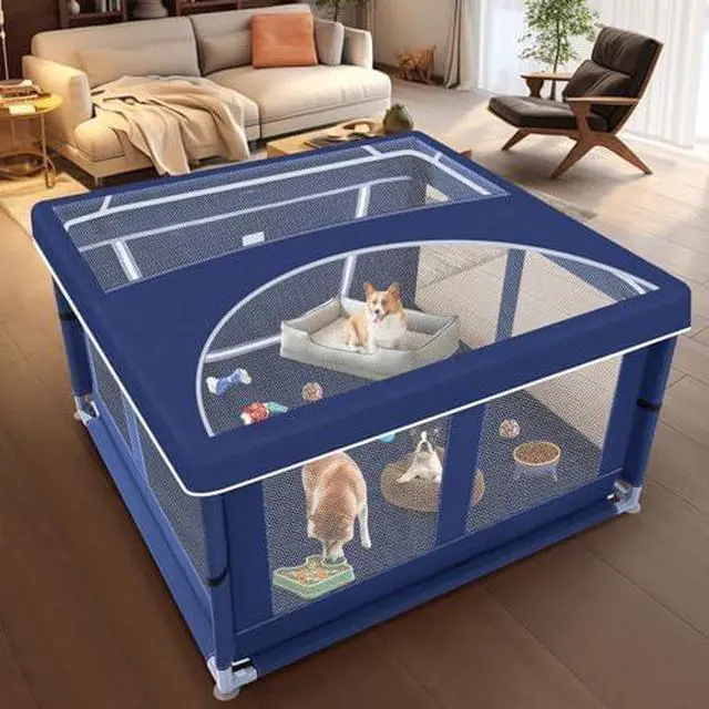 Alt view image 3 of 6 - 42x42x26 Inches Puppy Playpen with Top Cover, Dog Playpen for Small or Puppy, DogFence Pet Playpen for Indoor & Outdoor, Sturdy Safety Dog Pen with Durable Mesh Windows, Blue