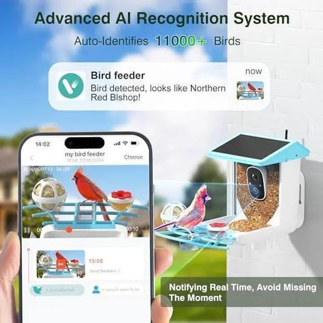 Alt view image 2 of 6 - Bird Feeder with Camera Solar-Ai Species Identification,1296P HD Outdoor Squirrel Proof Smart Bird Feeders Camera Live View, Focus Auto Record Videos