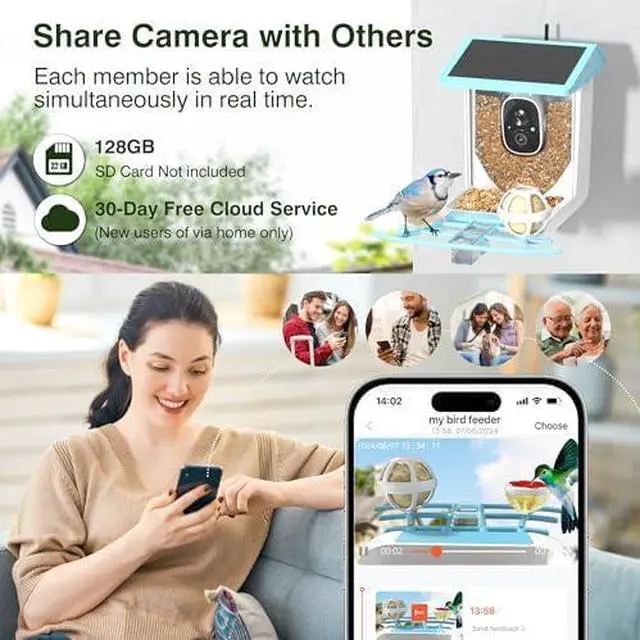 Alt view image 5 of 6 - Bird Feeder with Camera Solar-Ai Species Identification,1296P HD Outdoor Squirrel Proof Smart Bird Feeders Camera Live View, Focus Auto Record Videos