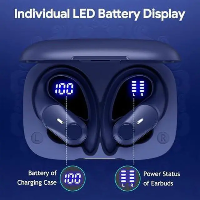 Alt view image 3 of 5 - Active Noise Cancelling Ear Buds Bluetooth Headphones Wireless Earbuds with 80H Wireless Charging Case & LED Display, Over-Ear Hooks Earphones Bass Earbud for Sports Running Gym Workout Black