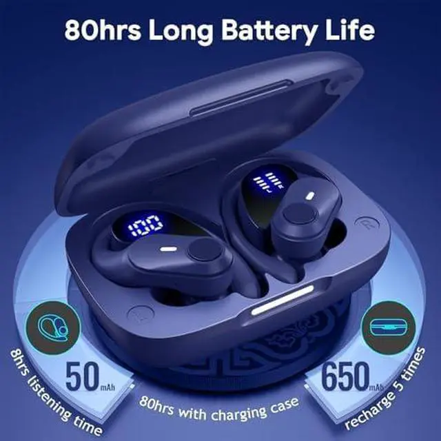 Alt view image 2 of 5 - Active Noise Cancelling Ear Buds Bluetooth Headphones Wireless Earbuds with 80H Wireless Charging Case & LED Display, Over-Ear Hooks Earphones Bass Earbud for Sports Running Gym Workout Black