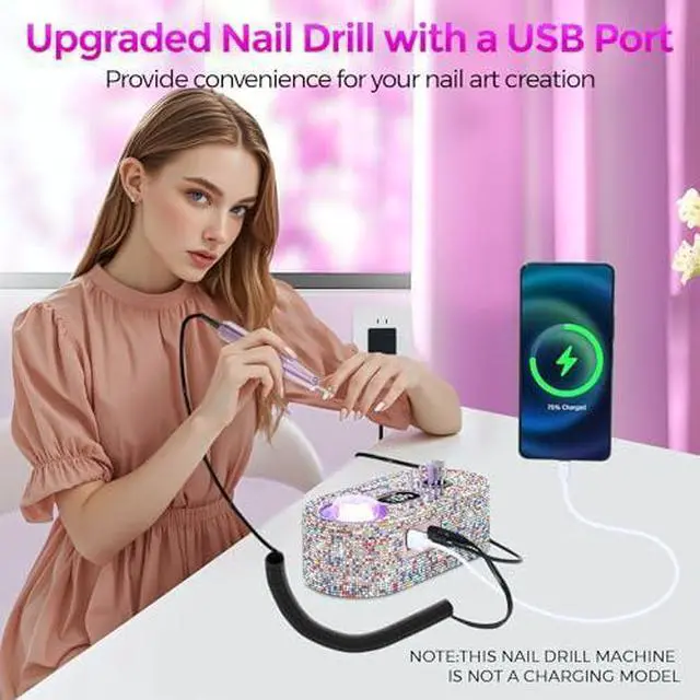 Alt view image 6 of 13 - Nail Drill Electric File: DEDNMSCA Sparkly Professional Nail Drill Kit, 40000RPM E-file Machine with USB LED Light and 12 Drill Bits for Acrylic Nail Remove Gel Polish Manicure for Salon Home, Diamond
