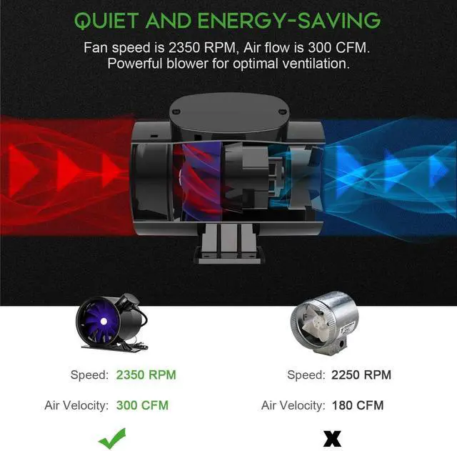 Alt view image 4 of 7 - Silent Inline Duct Ventilation Booster Fan 6 Inch 300 CFM Quiet Vent Exhaust Blower for Hydroponics Grow Tent Greenhouse Kitchen Bathroom, 2 Pack, Black  6'' 2-Pack
