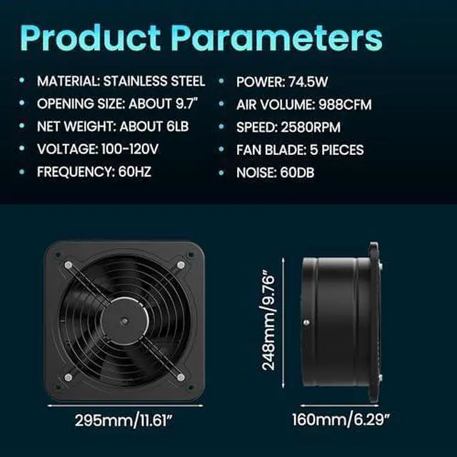 Alt view image 5 of 13 - 6 Inch Exhaust Fan with Speed Controller, 308CFM Wall Exhaust Fanfor Kitchen, Bathroom, Metal Extractor Fan for Pet Room, Smoking Room, Attic, Garage, Window Ventilation