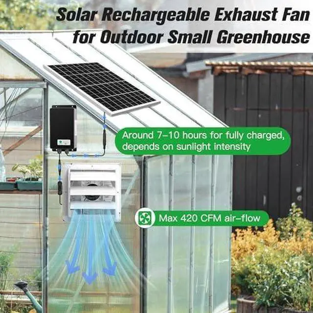 Alt view image 5 of 12 - Solar Powered Rechargeable Exhaust Fan, 25W Solar 8" Ventilation Vent Fan with 66.6 Wh Battery Backup for Outside Greenhouse, Chicken Coop, Shed, Pet House