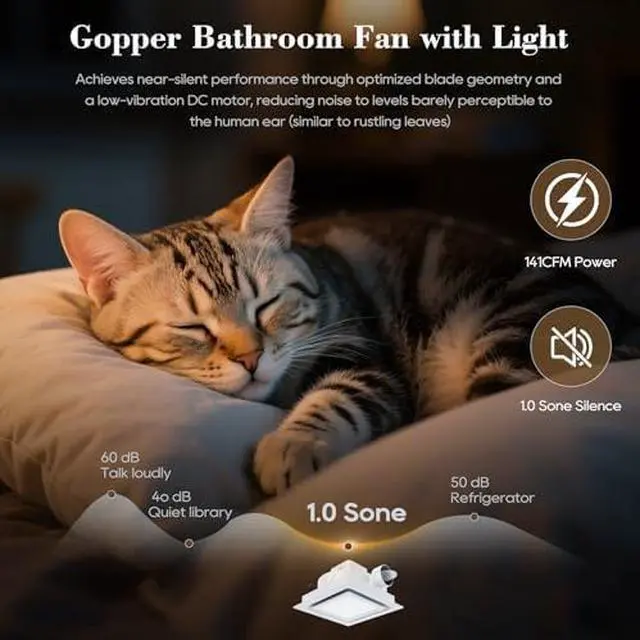 Alt view image 2 of 12 - 12" Panel Bathroom Exhaust Fan with Light, Mounting Opening 10"x10", 141CFM Bathroom Fan Light Combo, Ultra Quiet 1.0 Sone Exhaust Fan with LED Light, Ventilation Fan for Home/Office