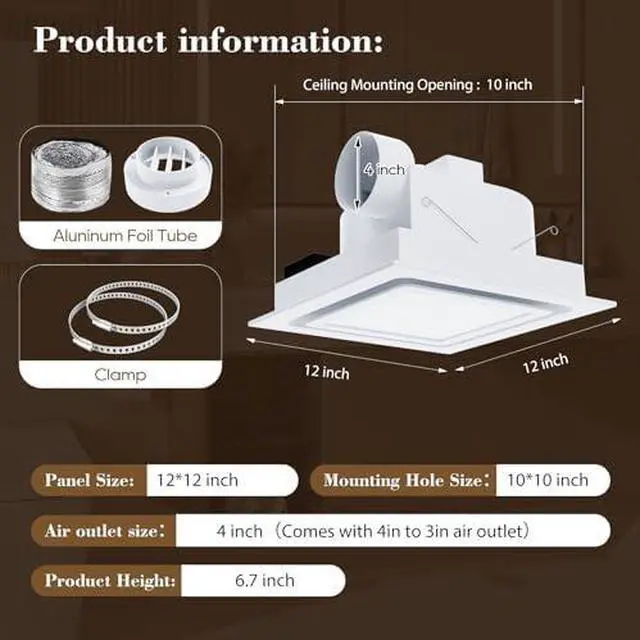Alt view image 3 of 12 - 12" Panel Bathroom Exhaust Fan with Light, Mounting Opening 10"x10", 141CFM Bathroom Fan Light Combo, Ultra Quiet 1.0 Sone Exhaust Fan with LED Light, Ventilation Fan for Home/Office