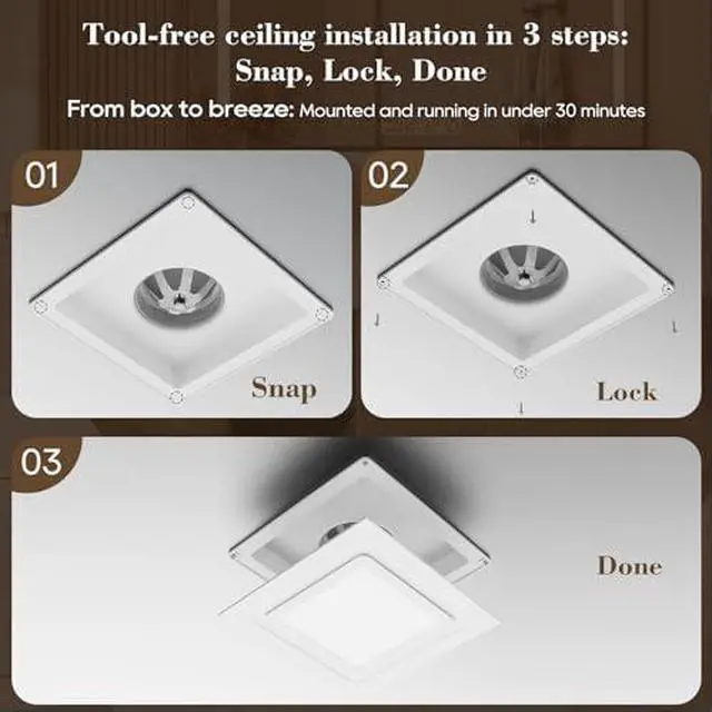 Alt view image 4 of 12 - 12" Panel Bathroom Exhaust Fan with Light, Mounting Opening 10"x10", 141CFM Bathroom Fan Light Combo, Ultra Quiet 1.0 Sone Exhaust Fan with LED Light, Ventilation Fan for Home/Office