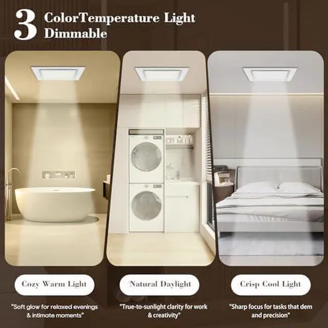 Alt view image 6 of 12 - 12" Panel Bathroom Exhaust Fan with Light, Mounting Opening 10"x10", 141CFM Bathroom Fan Light Combo, Ultra Quiet 1.0 Sone Exhaust Fan with LED Light, Ventilation Fan for Home/Office