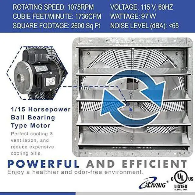 Main image of 18" Wall Mounted Shutter Exhaust Fan, Automatic Shutter, with Thermostat and Variable Speed controller, 0.85A, 1736 CFM, 2600 SQF Coverage Area Silver (ILG8SF18V-ST)