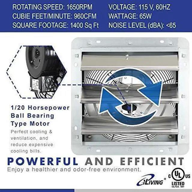 Alt view image 3 of 6 - 18" Wall Mounted Shutter Exhaust Fan, Automatic Shutter, with Thermostat and Variable Speed controller, 0.85A, 1736 CFM, 2600 SQF Coverage Area Silver (ILG8SF18V-ST)