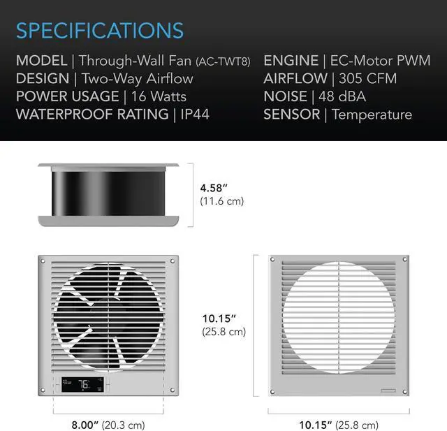 Alt view image 6 of 13 - Room to Room Fan 8, Two-Way Airflow Through-the-Wall Fan with Temperature Controller, Precise 10-Speed Quiet In-Wall Vent Fan for Kitchen, Laundry Room, and Workshops