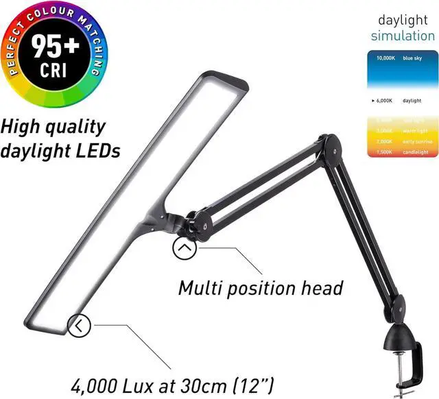 Alt view image 2 of 6 - Lumi Task Lamp - Professional 4000 Lux LED Desk Lamp, Adjustable, Color Accurate, Eye-Caring for Office, Home Office, Artist, and Reading - Black