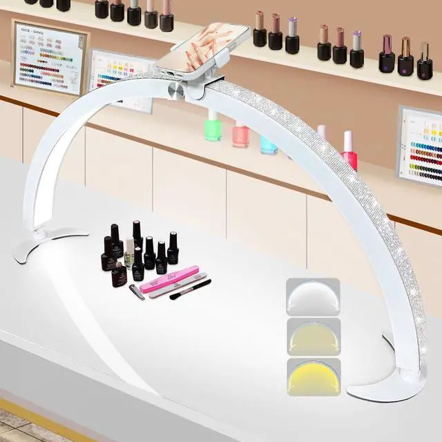 Main image of 29in Half Moon Light for Nail Desk, Foldable Nail Light for Desk, Large LED Desk Lamp Professional Lash Lamp Adjustable Brightness with Phone Holder for Manicure,Drawing,Craft,Makeup,Tattoo(White 2)