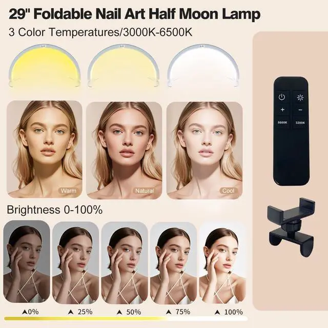 Alt view image 3 of 7 - 29in Half Moon Light for Nail Desk, Foldable Nail Light for Desk, Large LED Desk Lamp Professional Lash Lamp Adjustable Brightness with Phone Holder for Manicure,Drawing,Craft,Makeup,Tattoo(White 2)