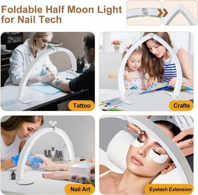 Alt view image 6 of 7 - 29in Half Moon Light for Nail Desk, Foldable Nail Light for Desk, Large LED Desk Lamp Professional Lash Lamp Adjustable Brightness with Phone Holder for Manicure,Drawing,Craft,Makeup,Tattoo(White 2)