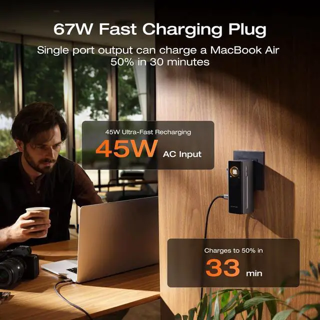 Alt view image 3 of 7 - Rapid Pro 3-in-1 Power Bank, 10,000mAh Battery Pack with 67W Foldable AC Plug, Detachable USB-C Cable, 45W Fast Recharging, LCD Display, Compatible with Phones, Laptops, and More