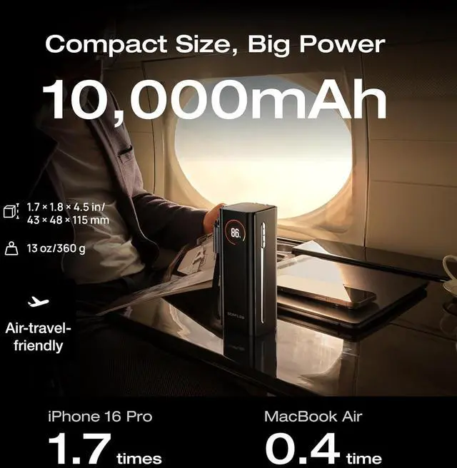 Alt view image 4 of 7 - Rapid Pro 3-in-1 Power Bank, 10,000mAh Battery Pack with 67W Foldable AC Plug, Detachable USB-C Cable, 45W Fast Recharging, LCD Display, Compatible with Phones, Laptops, and More