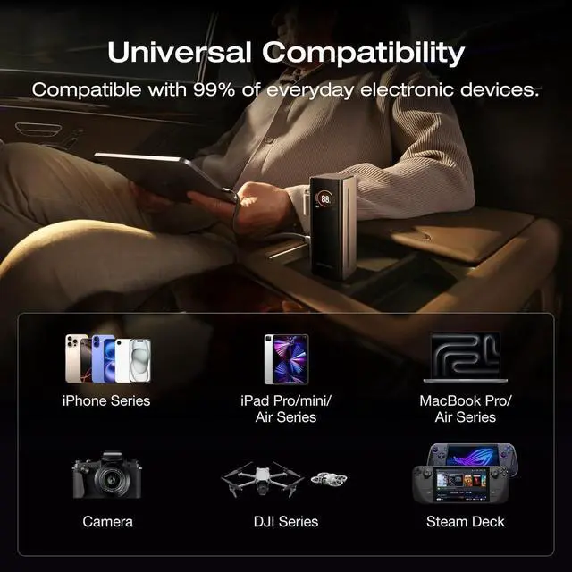 Alt view image 7 of 7 - Rapid Pro 3-in-1 Power Bank, 10,000mAh Battery Pack with 67W Foldable AC Plug, Detachable USB-C Cable, 45W Fast Recharging, LCD Display, Compatible with Phones, Laptops, and More