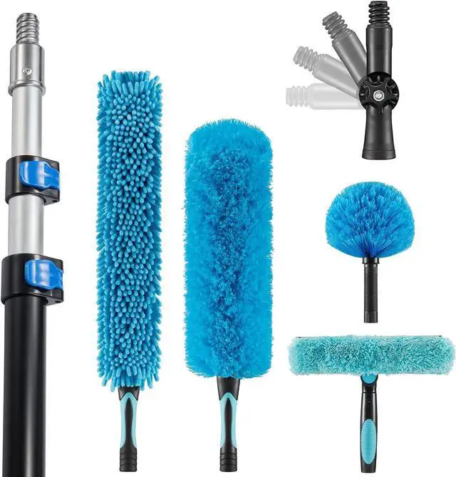 Main image of 20 Foot High Ceiling Fan Duster with 5-12 Foot Extension Pole, Extendable Reusable Cobweb, Feather, Window Cleaning Squeegee Kit Blue