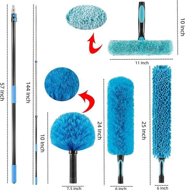 Alt view image 2 of 7 - 20 Foot High Ceiling Fan Duster with 5-12 Foot Extension Pole, Extendable Reusable Cobweb, Feather, Window Cleaning Squeegee Kit Blue
