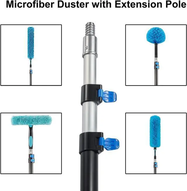 Alt view image 4 of 7 - 20 Foot High Ceiling Fan Duster with 5-12 Foot Extension Pole, Extendable Reusable Cobweb, Feather, Window Cleaning Squeegee Kit Blue