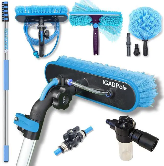 Main image of 26ft Pole Washing Kit: Water-fed Brush, Cobweb Duster and 10 Squeegee and Soap Dispenser, with 5-Stage Telescoping Pole 5-20ft Pole