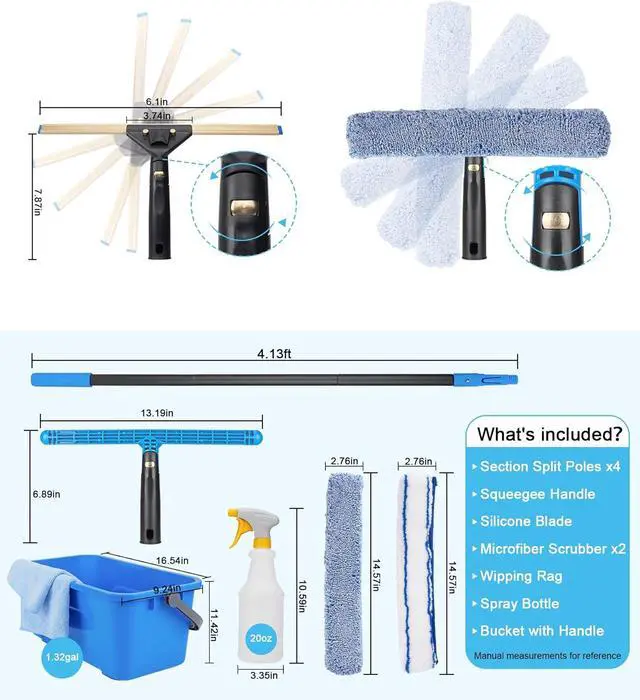 Alt view image 2 of 7 - Window Cleaning Kit with Storage Bucket, Window Squeegee with 4.13ft Extension Pole, Scrubber, Spray Bottle,Duster Cloth, Squeegee with Rotating Head, Professional Window Cleaning Tools