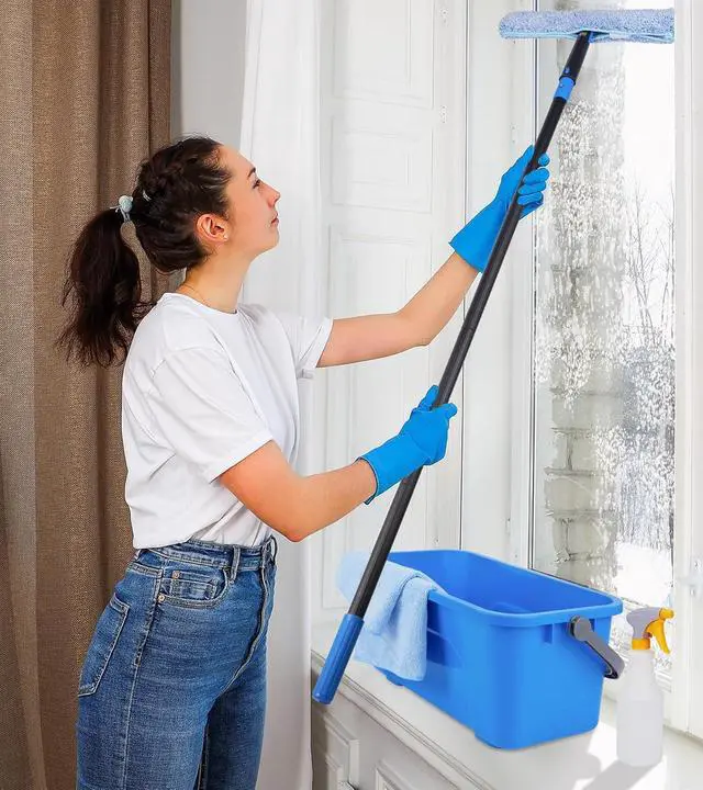 Alt view image 5 of 7 - Window Cleaning Kit with Storage Bucket, Window Squeegee with 4.13ft Extension Pole, Scrubber, Spray Bottle,Duster Cloth, Squeegee with Rotating Head, Professional Window Cleaning Tools