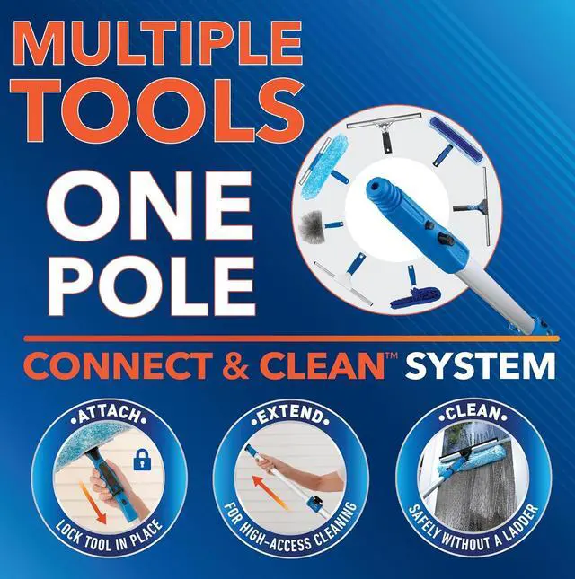 Alt view image 4 of 7 - Professional Connect and Clean Total Pro Cleaning Kit, All-in-One Household Window Washing with Streak-Free Results, Includes 12 Squeegee, 14 Scrubber Washer, Telescopic Pole Extends Up to 6