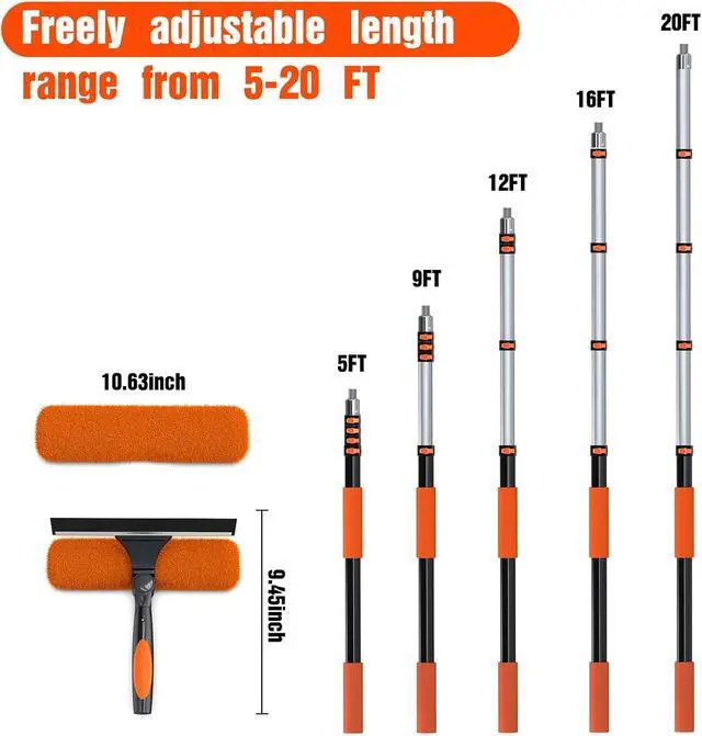 Alt view image 3 of 6 - 26FT Window Squeegee with Extension Pole, 2-in-1 Squeegee for Window Cleaning, Professional Cleaning Kit for Home with 20FT Telescoping Pole for Outdoor Indoor Use