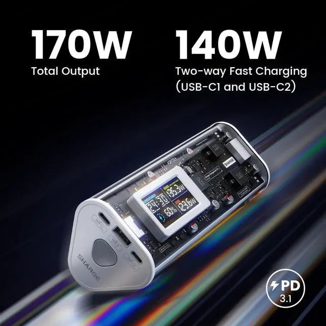 Alt view image 2 of 7 - EK 170 Power Bank, 170W Total 24,000mAh High Capacity Portable Charger with Smart Display, IP66 140W PD3.1 Battery Pack for Laptop iPhone 17/16/15 Galaxy Google Pixel MacBook, Steam Deck