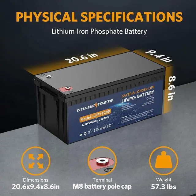 Alt view image 4 of 7 - 12V 200Ah LiFePO4 Lithium Battery, Rechargeable Battery Up to 15000 Cycles, Built-in BMS, Max 2560Wh, Perfect for RV, Camping, Solar, Marine, Trolling Motor, Golf Cart, Off-Grid