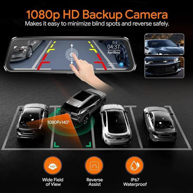 Alt view image 6 of 7 - Aprilboy 3 Channel Mirror Dash Camera for Cars, 10" Triple Rear View Mirror with Front 4K/3K, Inside and Rear 1080P with WiFi, G-Sensor, Night Vision, Reverse Assist, Parking Monitoring