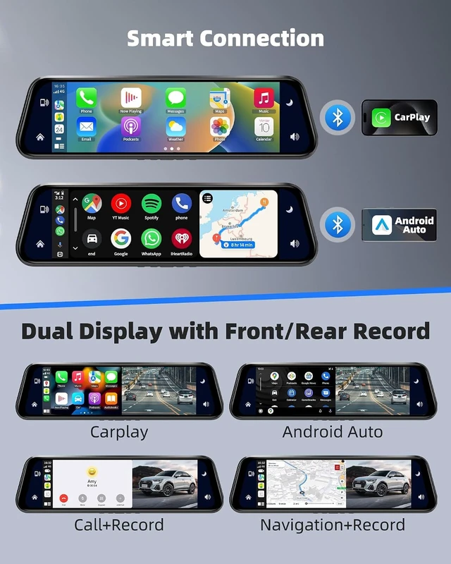 Alt view image 5 of 7 - 10" Mirror Dash Cam with Android Auto & CarPlay 2.5K Rear View Mirror Camera