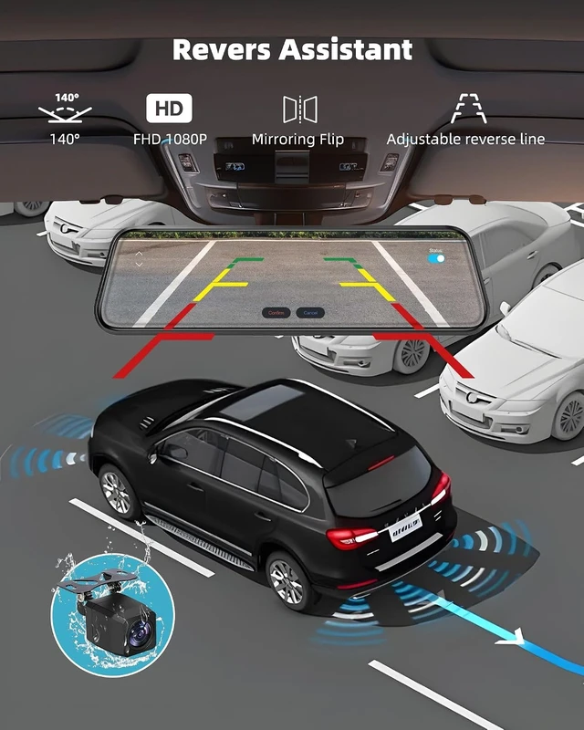 Alt view image 7 of 7 - 10" Mirror Dash Cam with Android Auto & CarPlay 2.5K Rear View Mirror Camera