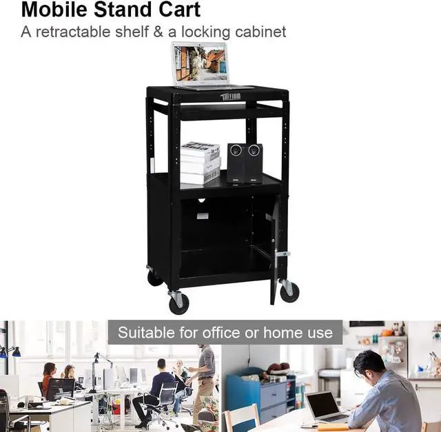 Alt view image 7 of 7 - AV Presentation C for Video Projector, Laptop Computer, Mobile Workstation Utility Media C for School Classroom Office, Rolling Storage Stand with Locking Cabinet Keyboard Shelf