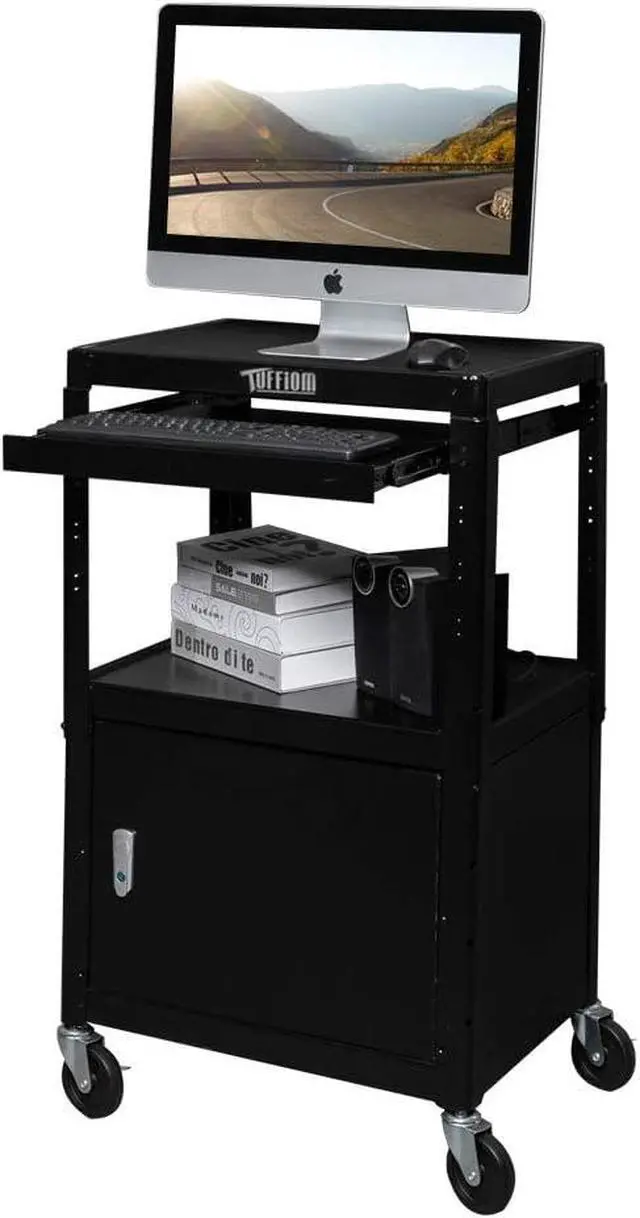 Alt view image 3 of 7 - AV Presentation C for Video Projector, Laptop Computer, Mobile Workstation Utility Media C for School Classroom Office, Rolling Storage Stand with Locking Cabinet Keyboard Shelf