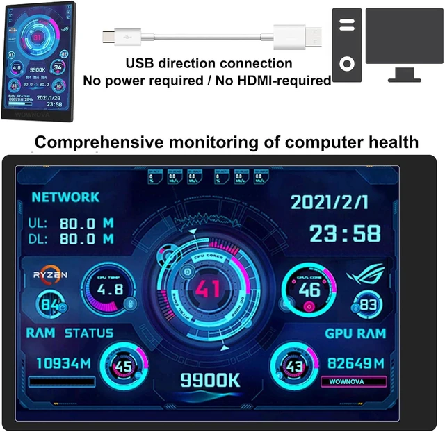 Alt view image 2 of 7 - English Version Computer Temp Monitor, ARGB PC Case Display, IPS USB Mini Screen, CPU RAM HDD Data Monitor