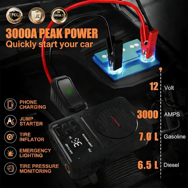 Alt view image 2 of 6 - 3000A Portable Car Jump Starter with Air Compressor
