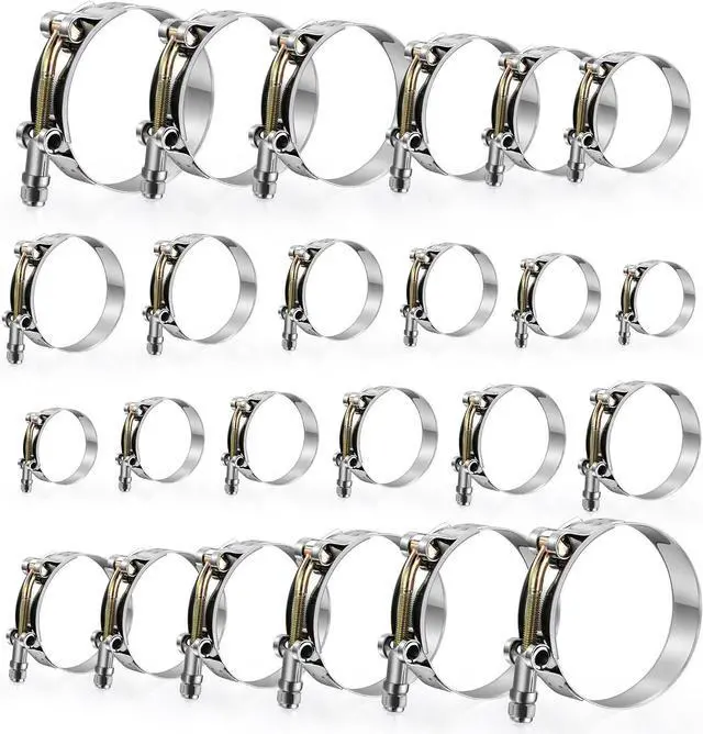 Main image of 24 Pack 12 Sizes T-Bolt Hose Clamps, Stainless Steel_304 Working Range 28mm-116mm for 0.75"-4" Hose ID, Turbo Intake Intercooler Clamp for Automotive