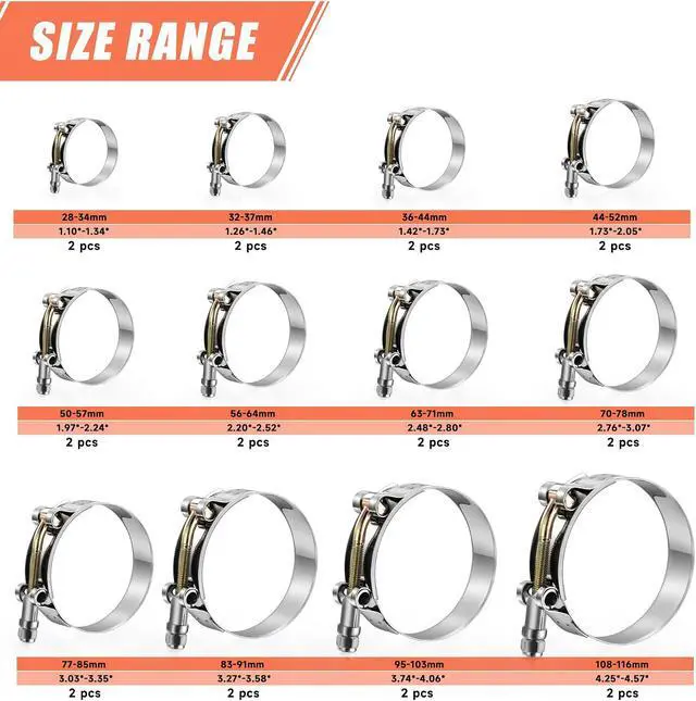 Alt view image 2 of 7 - 24 Pack 12 Sizes T-Bolt Hose Clamps, Stainless Steel_304 Working Range 28mm-116mm for 0.75"-4" Hose ID, Turbo Intake Intercooler Clamp for Automotive