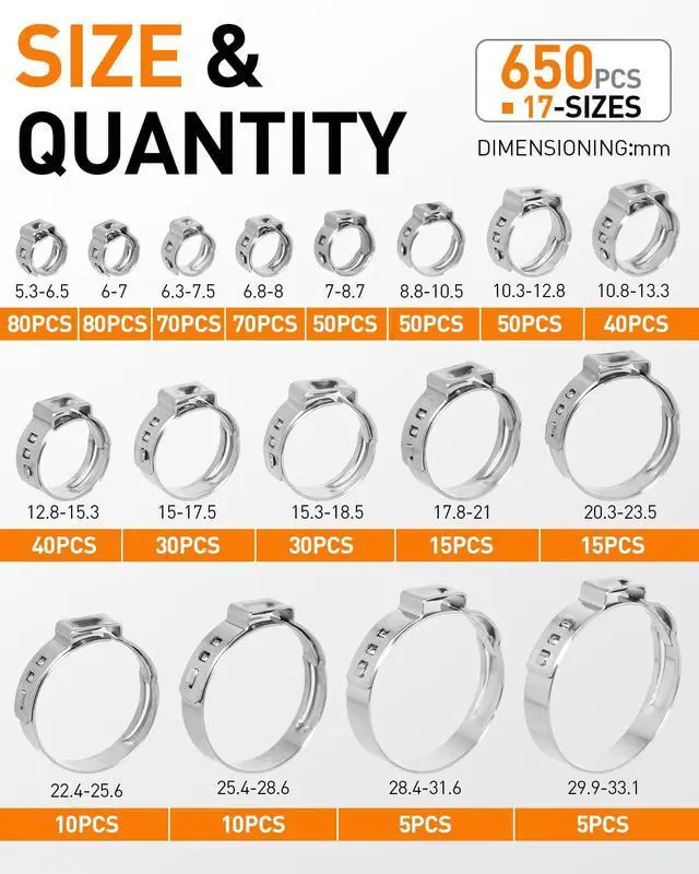 Alt view image 2 of 7 - 650PCS 17 Sizes Single Ear Hose Clamps, 304 Stainless Steel Crimp Hose Clamps Assortment Kit with Ear Clamp Pincer, 5.3-33.1mm Stepless Cinch Rings Crimp Assortment Kit for Auto/Pipe/Fuel Line