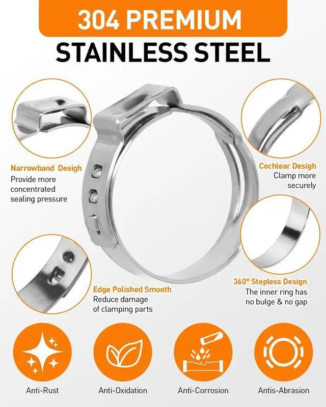 Alt view image 3 of 7 - 650PCS 17 Sizes Single Ear Hose Clamps, 304 Stainless Steel Crimp Hose Clamps Assortment Kit with Ear Clamp Pincer, 5.3-33.1mm Stepless Cinch Rings Crimp Assortment Kit for Auto/Pipe/Fuel Line