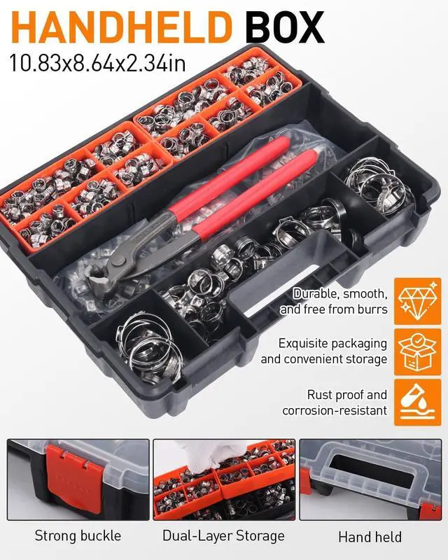 Alt view image 5 of 7 - 650PCS 17 Sizes Single Ear Hose Clamps, 304 Stainless Steel Crimp Hose Clamps Assortment Kit with Ear Clamp Pincer, 5.3-33.1mm Stepless Cinch Rings Crimp Assortment Kit for Auto/Pipe/Fuel Line