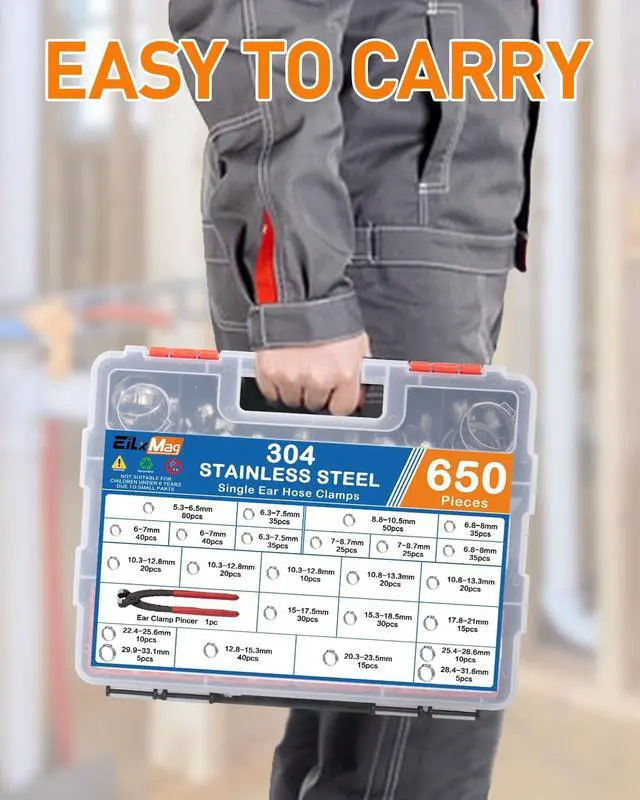 Alt view image 7 of 7 - 650PCS 17 Sizes Single Ear Hose Clamps, 304 Stainless Steel Crimp Hose Clamps Assortment Kit with Ear Clamp Pincer, 5.3-33.1mm Stepless Cinch Rings Crimp Assortment Kit for Auto/Pipe/Fuel Line