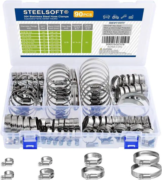 Main image of Non-Slip Hose Clamp Assortment Kit 5/16 to 2-3/8"Heavy Duty | German Design, SAE Standard, All 5/16"Screw HEX, Soft Hose Protection, Fuel Line, Automotive, Radiator, Heater, Garden, Pool