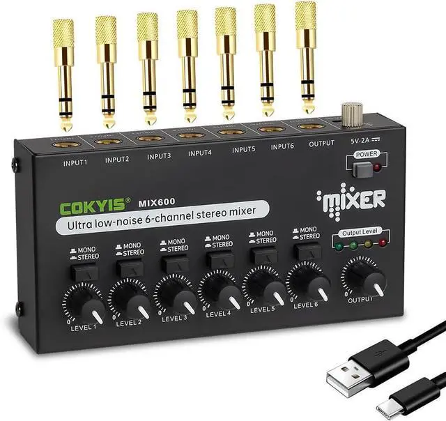 Main image of Mini Audio Mixer, 6-Channel Stereo Line Mixer for Precision Sub-Mixing, with Ultra Low-Noise Operation, Independent Microphone Control, 1/4" TRS Input/Output-for Guitars, Bass, Stage Mixer